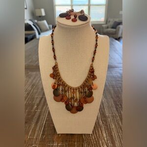 Premier Designs Boho Amber Disc Fringe Necklace & Earrings Set - Women Jewelry